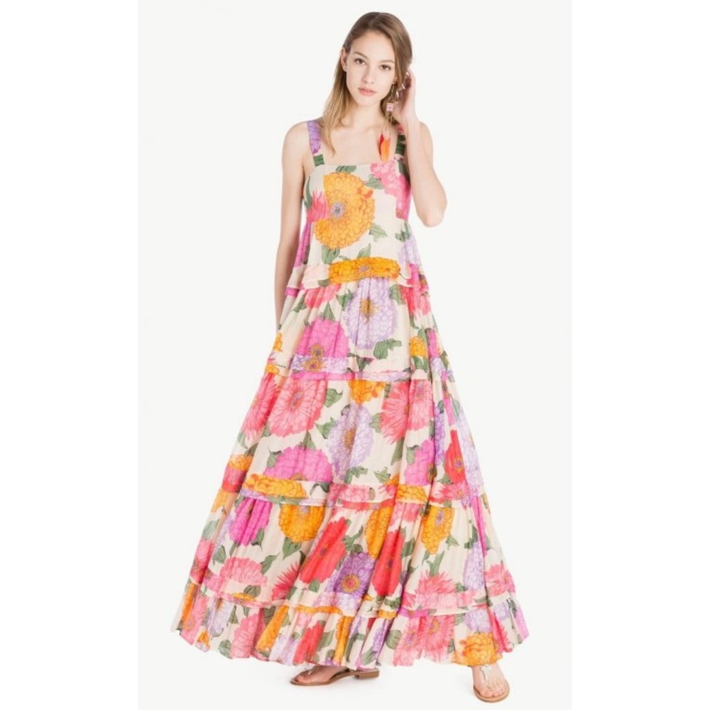 Twinset Milano Floral Tiered‎ Maxi Dress Pink Orange Purple Boho Womens